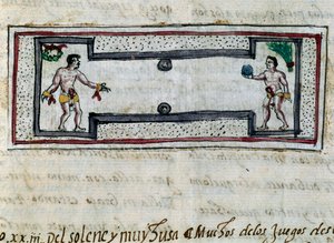 Aztecas jugando al juego de pelota, miniatura de Historia de las Indias por Diego Durán (1537-1588), manuscrito de 1579