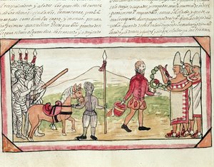Reunión de Hernando Cortés (1485-1547) y Moctezuma (1466-1520), miniatura de la 