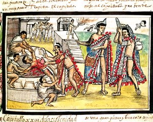 Fol.70v Sacrificio humano, del "Códice Durán" 1579 (vitela) de Diego Duran