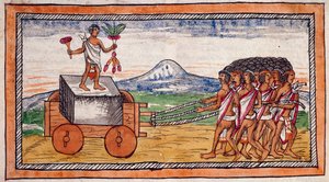 Los aztecas transportando piedras para construir sus ciudades, acuarela estirada de la Historia de las Indias de Diego Durán (1537-1588), manuscrito, folio 188 recto.