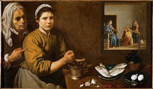 Escena de cocina con Cristo en casa de Marta y María, hermanas de Lázaro (óleo sobre lienzo) de Diego Rodriguez de Silva y Velazquez