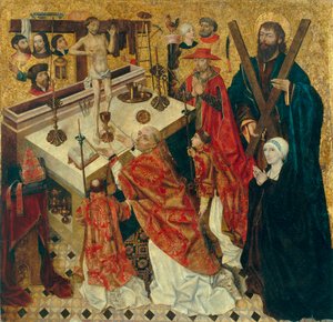 Messe de saint Gregoire - La misa de San Gregorio Magno - Peinture de Diego de la Cruz (activo 1482-1500) - antes de 1480 - Óleo sobre madera - 168x168 - Museu Nacional d