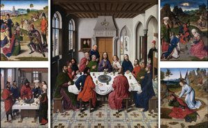 La recolección del maná y la Pascua (anverso izquierda), La última cena (centro), El encuentro de Abraham y Melquisedec y Elías despertado por el ángel (1 Reyes 19:5-6) (anverso derecha). de Dieric Bouts