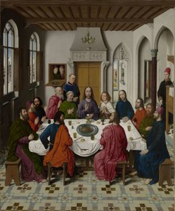 La recolección del maná y la Pascua (anverso izquierda), La última cena (centro), El encuentro de Abraham y Melquisedec y Elías despertado por el ángel (1 Reyes 19:5-6) (anverso derecha). de Dieric Bouts