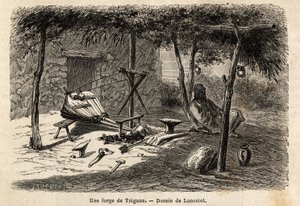 Una fragua gitana en la región de Valaquia, Rumania. Grabado para ilustrar el viaje de París a Bucarest, por Lancelot, dibujante, en 1860, publicado en "Le tour du monde, nouveau journal des voyages", bajo la dirección de Edouard Charton de Dieudonne Auguste Lancelot