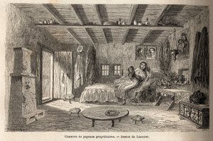 Una casa de campesinos propietarios, en las cercanías de Orezu (región de Valaquia, Rumania). Grabado para ilustrar el viaje de París a Bucarest, por Lancelot, dibujante, en 1860, publicado en “Le tour du monde, nouveau journal des voyages”, bajo la direcc