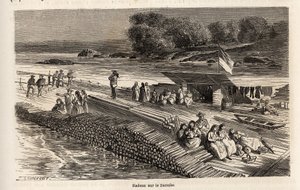 Una balsa de madera en el Danubio, para el transporte de mercancías y personas, dibujo de Lancelot, para ilustrar el viaje de Victor Duruy de París a Bucarest en 1860. Grabado en "Le tour du monde", editado por Edouard Charton