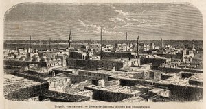 Vista general de Trípoli, dibujo de Lancelot, para ilustrar los paseos tripolitanos, en 1860, del Barón de Krafft. Grabado en “Le tour du monde” 1861. Colección Selva. de Dieudonne Auguste Lancelot