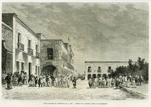 Palacio Municipal de Valladolid. Grabado por Lancelot para ilustrar la historia Mi última expedición al Yucatán, por Désiré Charnay, en le tour du monde 1887, dirigido por Edouard Charton (1807-1890), Hachette, París.