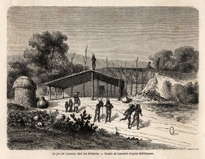 El juego del anillo entre los indios Mohaves, dibujo de Lancelot, para ilustrar el viaje del Misisipi al Océano Pacífico en 1853-54 por Baudouin Mollhausen (1825-1905). Grabado en “Le tour du monde, nuevo diario de viajes” París