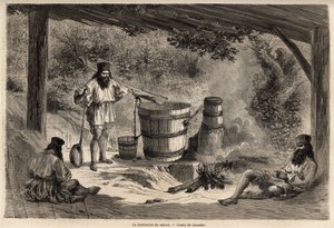 La fabricación de rakiou, alcohol de cereal, una especie de aguardiente muy común en Rumania. Grabado para ilustrar el viaje de París a Bucarest, por Lancelot, dibujante, en 1860, publicado en “Le tour du monde, nouveau journal des voyages”, bajo la direcc