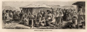 La población caminante de Tesmevar (o Timisoara) en Rumania. Grabado para ilustrar el viaje de París a Bucarest, por Lancelot, dibujante, en 1860, publicado en “Le tour du monde, nouveau journal des voyages”, bajo la dirección de Edouard Charton