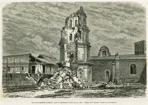 Torre de la Catedral de Manila, después del terremoto del 18 de julio de 1880. Grabado de Lancelot para ilustrar la historia 