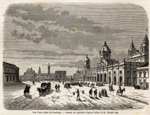 Vista de una plaza en Santiago (Chile), dibujo de Lancelot, para ilustrar el viaje a Sudamérica, en 1823, de Giovanni Mastai Ferretti (1792-1878, futuro Pío IX). Grabado en 