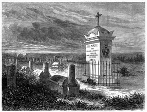 Vista del Cementerio Francés en Pekín (Beijing), China. Grabado después de un dibujo de Lancelot, en 