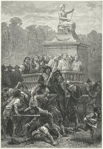 Un tumbril lleno de prisioneros camino de la guiilotina, Revolución Francesa (grabado)