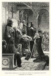 Pedro el Ermitaño entregando al papa Urbano las cartas del patriarca de Jerusalén de Diogene Ulysse Napoleon Maillart