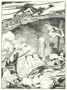 "Vimos a los cachorros de dragón bajar al estanque a beber y limpiarse" (grabado) de Dion Clayton Calthrop