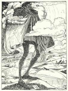 "Vimos al gigante caminar sobre las cimas de las colinas, llevando su cena en una bolsa" (grabado) de Dion Clayton Calthrop
