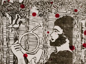 Sigfrido, los pájaros del bosque y la sangre del dragón, Ciclo del Anillo de Wagner (xilografía) de Dione Verulam