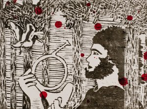 Sigfrido, los pájaros carpinteros y la sangre del dragón, Ciclo del Anillo de Wagner, 2024 (xilografía) de Dione Verulam