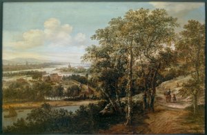 Amplio paisaje fluvial con un jinete y otras figuras en primer plano de Dionys Verburg