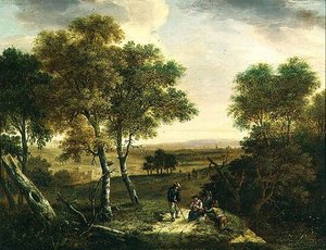 Un paisaje boscoso extenso con campesinos en un camino, una ciudad más allá de Dionys Verburgh
