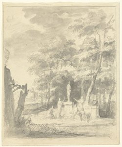 Paisaje arcádico con figuras alrededor de una estatua