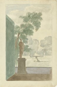 Diseño para una decoración de pared en un vestíbulo: Vista de un jardín con una estatua, una fuente y unas urnas de Dionys van Nijmegen (possibly)