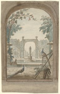 Diseño para una pintura de habitación con cara a través de una valla en un jardín, pavos reales y herramientas de jardín