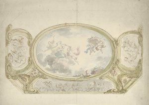 Diseño para una pintura de techo: óvalo con representación alegórica rodeado de escenas con putti de Dionys van Nijmegen (possibly)