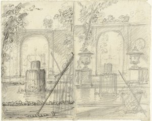 Dos diseños para una vista de jardín con fuente y herramientas de jardín en primer plano