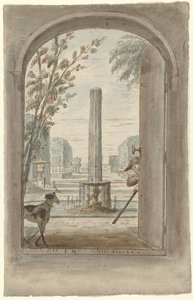 Diseño para un cuadro de habitación que muestra la cara a través de una puerta abierta en un jardín con fuente