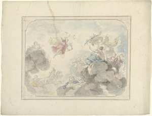 Diseño para un mural en el techo que muestra la cara en el cielo donde la Aurora disipa la oscuridad