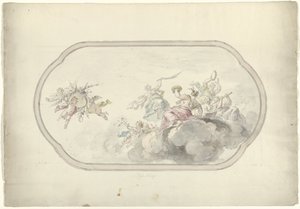 Diseño para una pintura en el techo que muestra a mujeres haciendo música y putti con una cesta de flores como alegoría de la Alegría