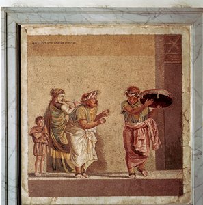 Mosaico romano de músicos y actores enmascarados en una obra, Pompeya, Italia de Dioscurides