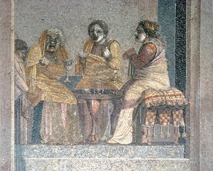 Mosaico romano de escena de obra con actores enmascarados, Villa de Cicerón, Pompeya, siglo II a.C. de Dioscurides of Samos