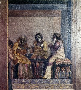 Mosaico romano de escena de obra con actores enmascarados, Villa de Cicerón, Pompeya
