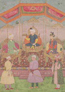 Emperador mogol Babur y su hijo, Humayán, miniatura india de Rajasthan, siglo XVI