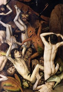 Infierno, (detalle) de un demonio golpeando a los condenados, c.1450 de Dirck Bouts