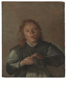 Un niño cantando y tocando el badajo (óleo sobre tabla) de Dirck Hals