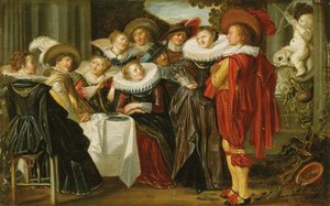 Una compañía elegante almorzando en una terraza, 1623 de Dirck Hals
