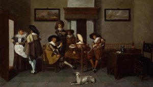 Hombres elegantemente vestidos y una sirvienta de Dirck Hals