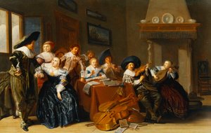 Figuras elegantes con instrumentos sentadas en una mesa y una joven cantando en un interior, 1637 de Dirck Hals