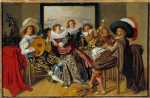 Encuentro galante: músicos y jóvenes mujeres tocando música y levantando sus copas en una fiesta de Dirck Hals