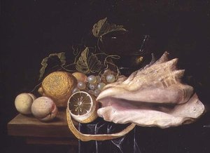Naturaleza muerta con concha de Strombus y fruta de Dirck Sauts
