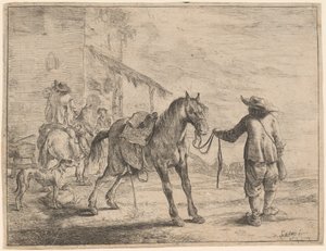 Un caballo orinando sostenido por un hombre de Dirck Stoop