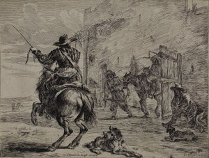 Caballo Encabritado, Cerca de un Establo, lámina uno de la Serie de Caballos de Dirck Stoop