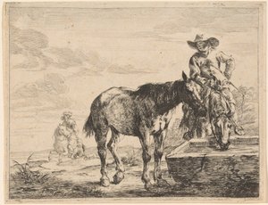 Dos caballos bebiendo en un abrevadero