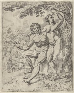 Adán y Eva cosechan el fruto prohibido La caída y la redención de la humanidad a través de la vida y la pasión de Cristo (título de la serie) de Dirck Volckertsz. Coornhert (attributed to)